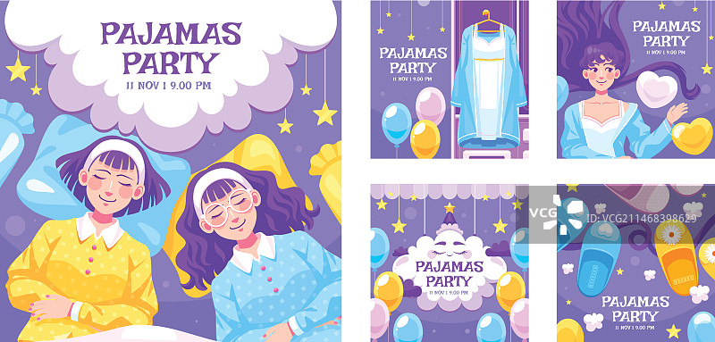 扁平风睡衣派对Instagram帖子合集图片素材