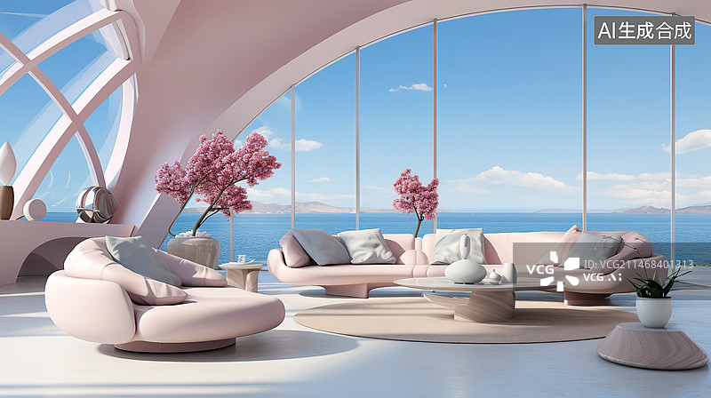 【AI数字艺术】现代客厅海边生活方式窗户沙发无人空间设计感电商图片素材