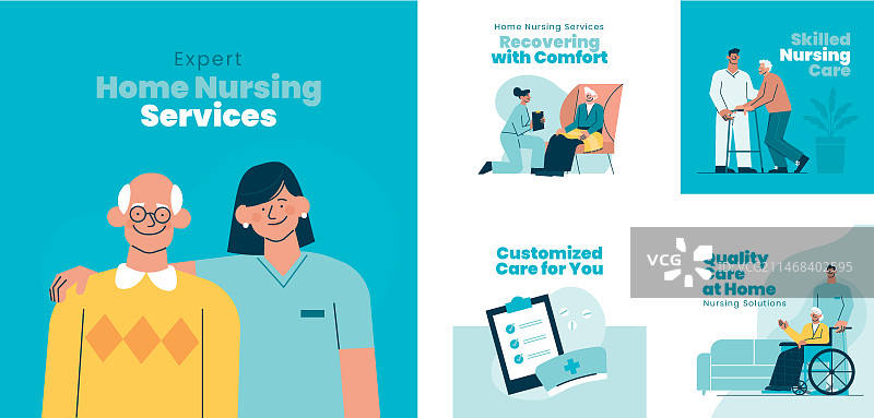 扁平风格居家养老护理Instagram帖子合集图片素材