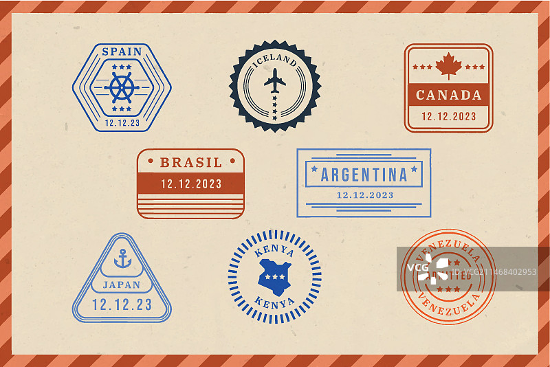 扁平风格护照印章合集图片素材