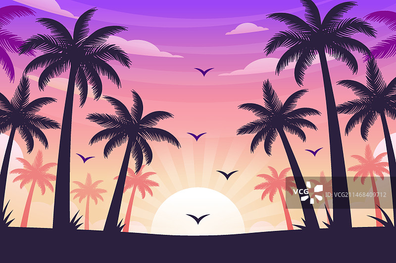 手绘热带日落背景图片素材