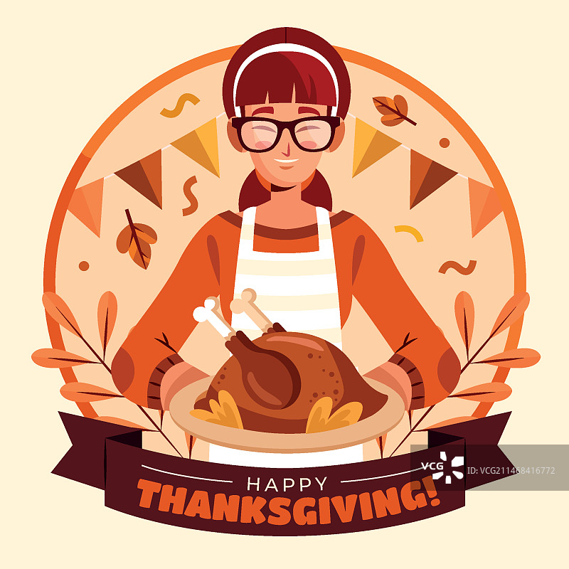 感恩节与手捧烤火鸡的女人扁平风插画图片素材
