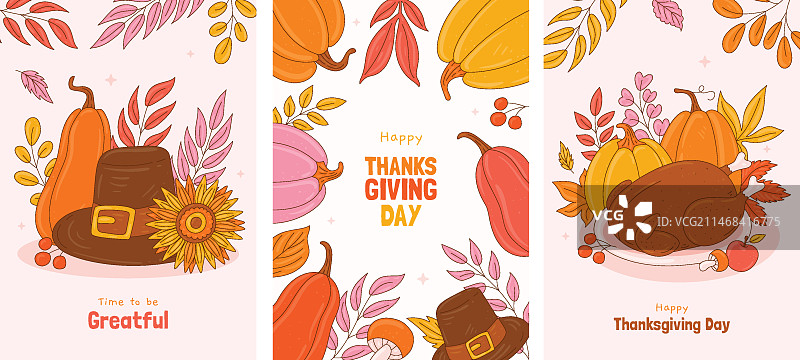 手绘感恩节贺卡，含南瓜和朝圣者帽子图片素材