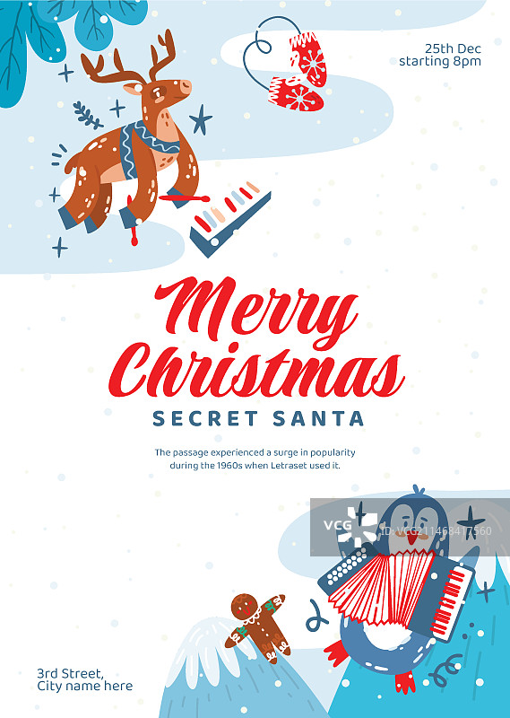 带驯鹿和企鹅的扁平风格圣诞贺卡模板图片素材