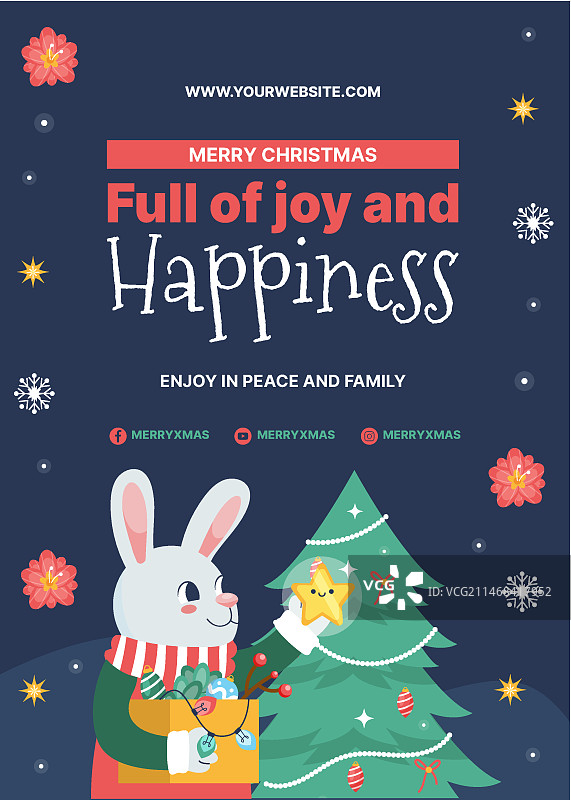 圣诞节主题扁平风格竖版海报，小兔子在树上挂星星图片素材