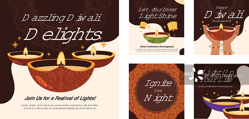 排灯节庆祝活动的扁平风格Instagram帖子合集图片素材