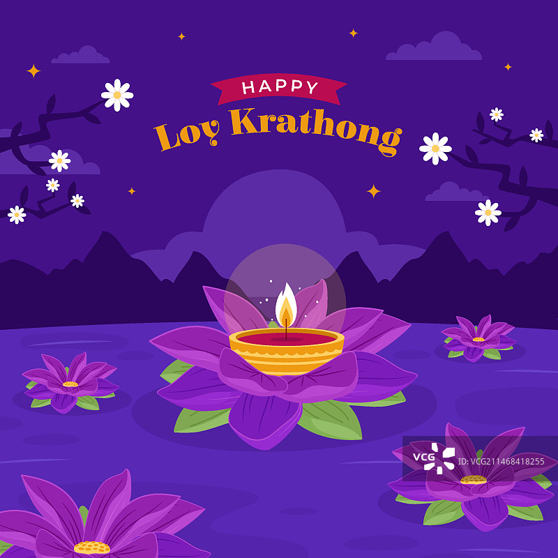 水灯节庆祝活动与莲花蜡烛扁平风格插画图片素材