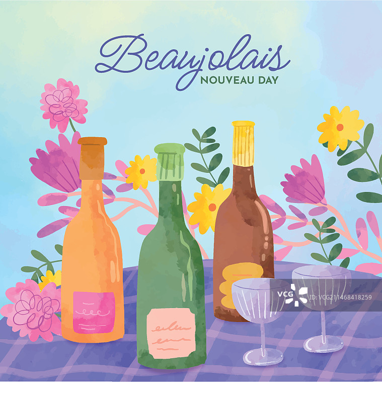 博若莱新酒节水彩插画，含葡萄酒瓶和鲜花图片素材