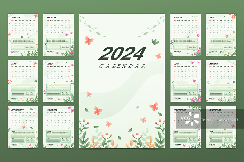 带有植被的渐变2024年日历模板图片素材