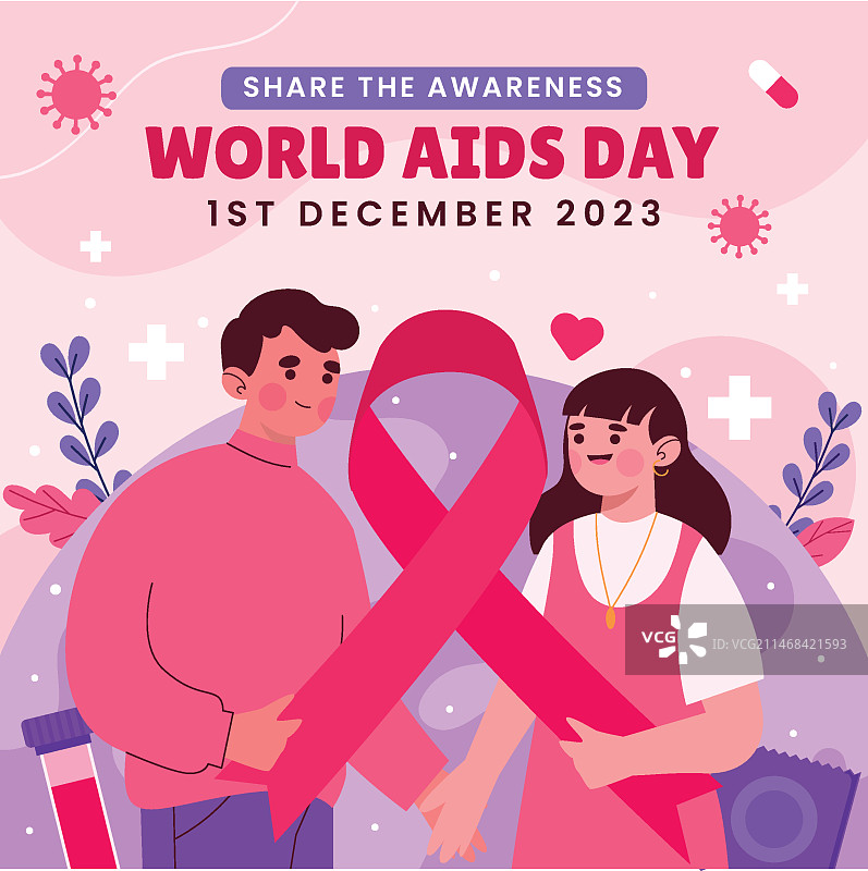 世界艾滋病日的平面插图，人们手持丝带图片素材