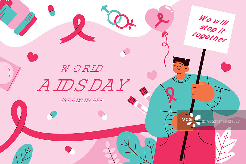 手持标语牌的世界艾滋病日意识宣传2.5D插画图片素材