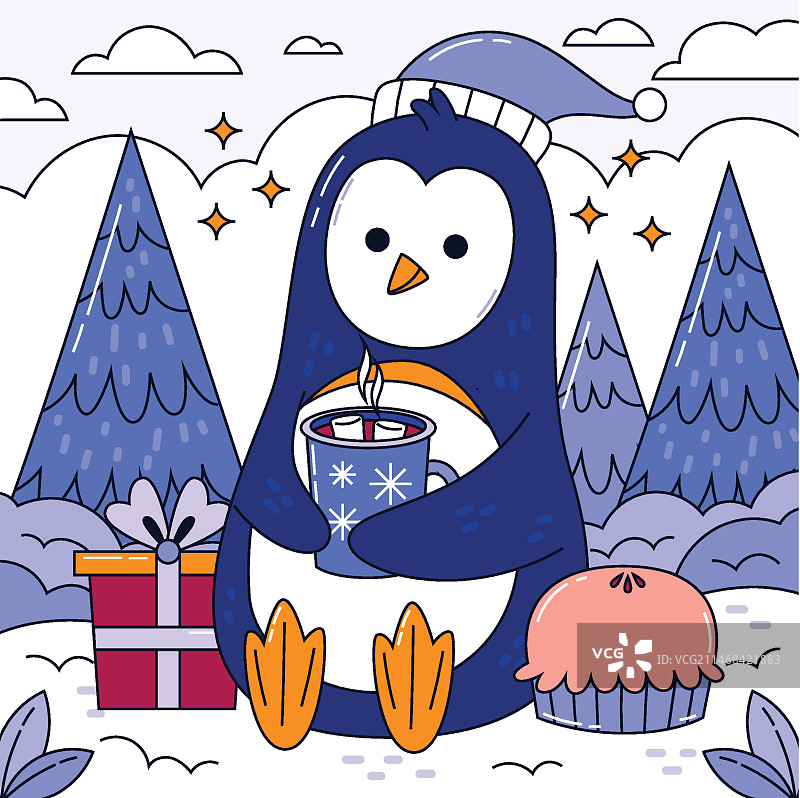 手绘冬季企鹅热饮插画图片素材