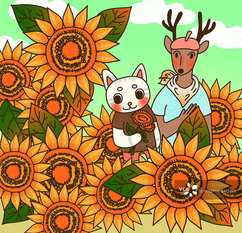 向日葵小猫咪小鹿拟人图片素材