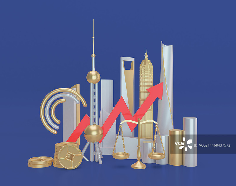 三维金融城市主题上涨趋势场景图片素材