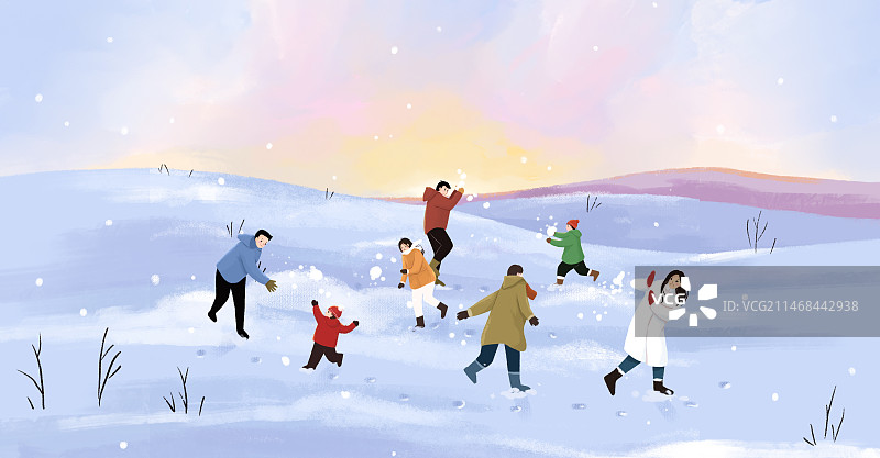 治愈系扁平插画冬天的郊外很多人快乐的打雪仗图片素材