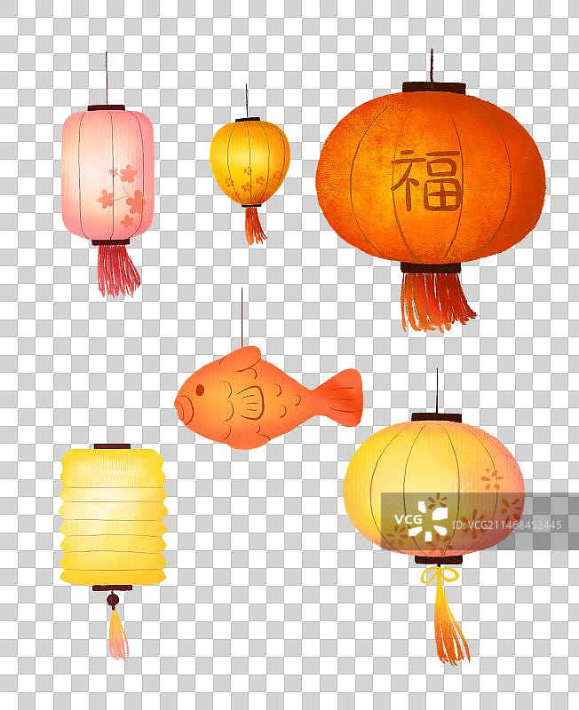 小清新扁平插画中国灯笼元素图片素材