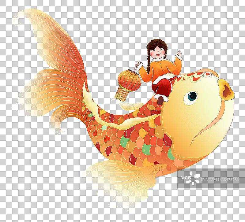 锦鲤上坐着拿着灯笼的女孩 春节年俗插画元素图片素材