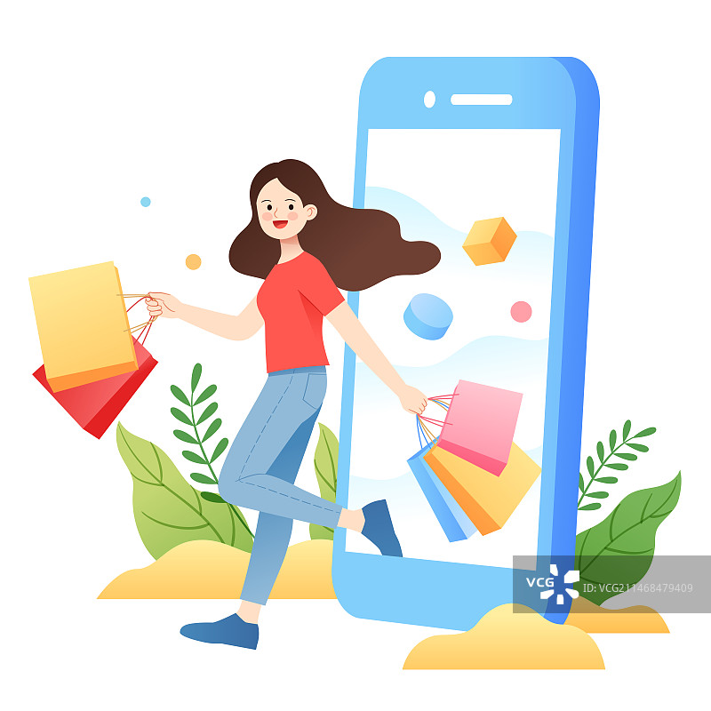 年轻时尚女人女孩提着购物袋手提袋用手机愉快购物线上网购现代便利生活电商购物节宣传促销清新矢量手绘插画图片素材