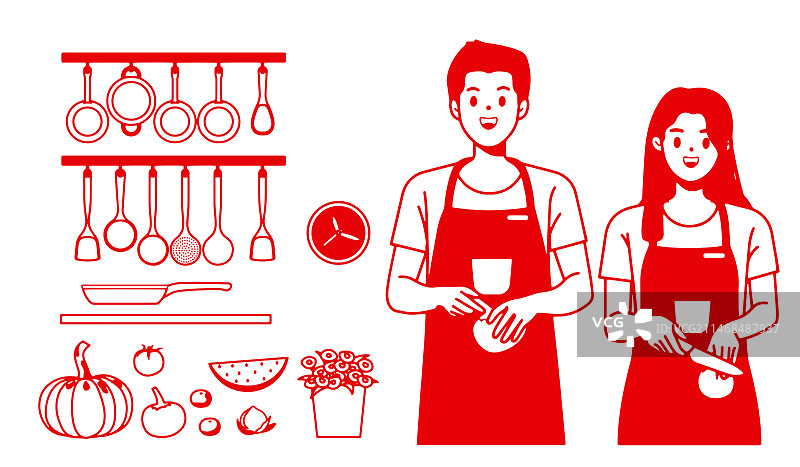 剪纸风格在厨房做饭的一对情侣图片素材