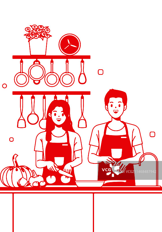剪纸风格在厨房做饭的一对情侣图片素材