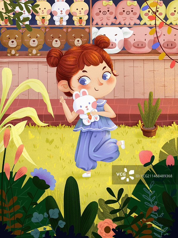 开心地抱着玩偶的女孩儿童插画图片素材