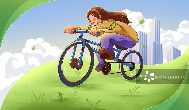 骑车的女生插画图片素材