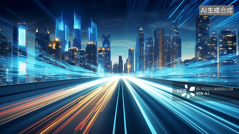 【AI数字艺术】未来科幻城市科技光迹路面图片素材