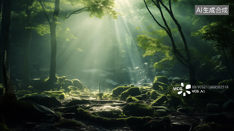 【AI数字艺术】阳光下的森林秘境图片素材