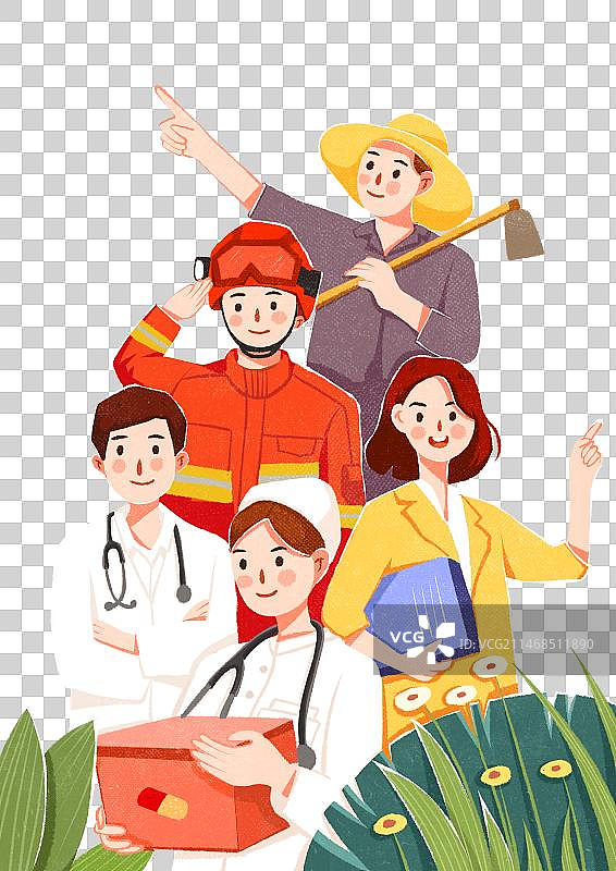 劳动节不同职业扁平纹理清新插画元素图片素材