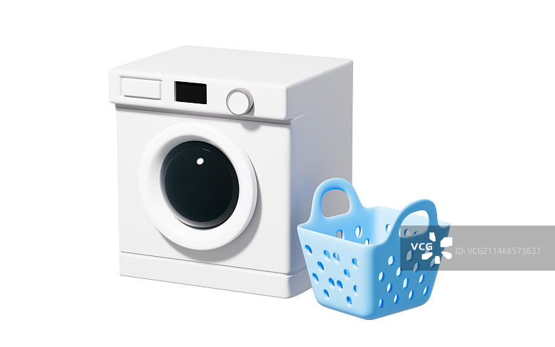 卡通洗衣机与洗衣篮子3D渲染图片素材