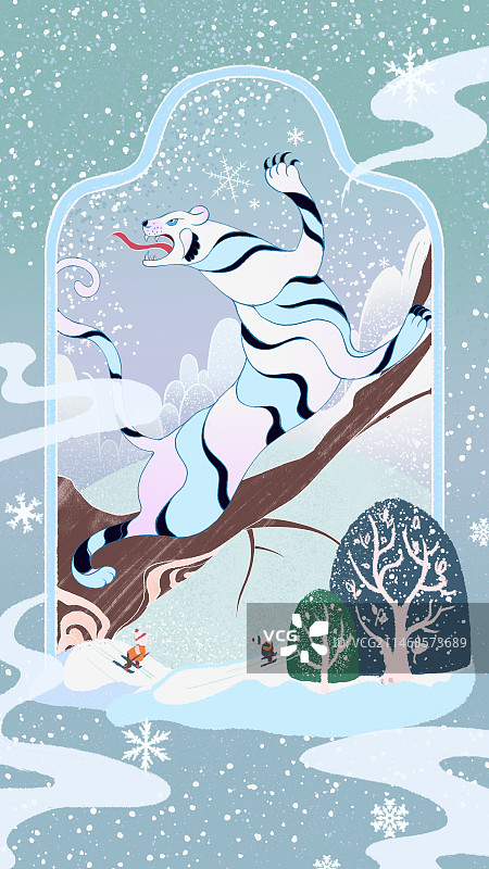 冬天雪天白虎创意插画图片素材