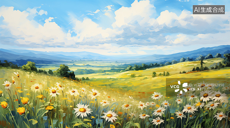 【AI数字艺术】蓝天下盛开着雏菊的草原风景图片素材