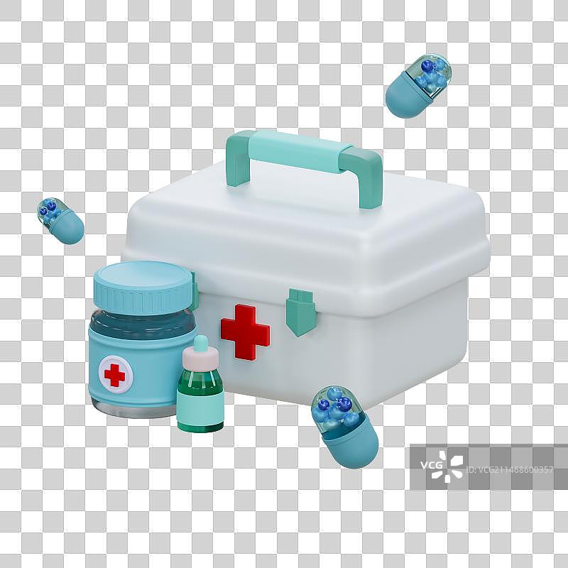 医疗用品药品医药箱药瓶3d元素图片素材