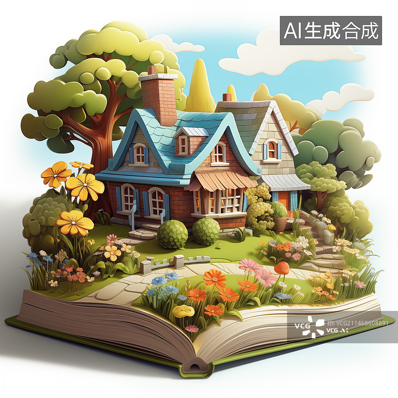 【AI数字艺术】立体书，打开是一个家图片素材