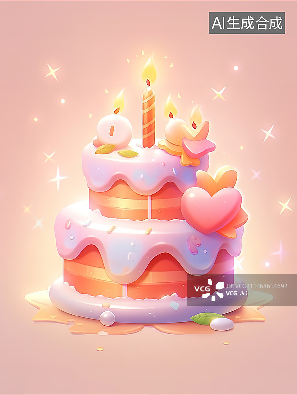 【AI数字艺术】3d立体插画生日蛋糕可爱卡通风格白色背景图片素材