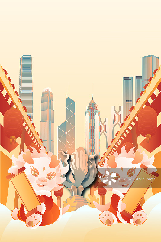 香港龙年城市建筑年货大街竖版矢量插画图片素材