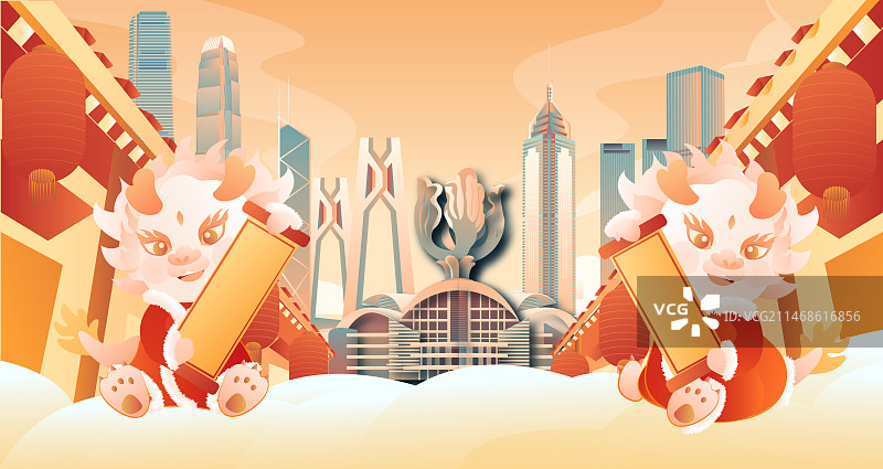 香港龙年城市建筑年货大街横版矢量插画图片素材
