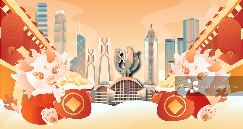香港龙年城市建筑年货大街横版矢量插画图片素材