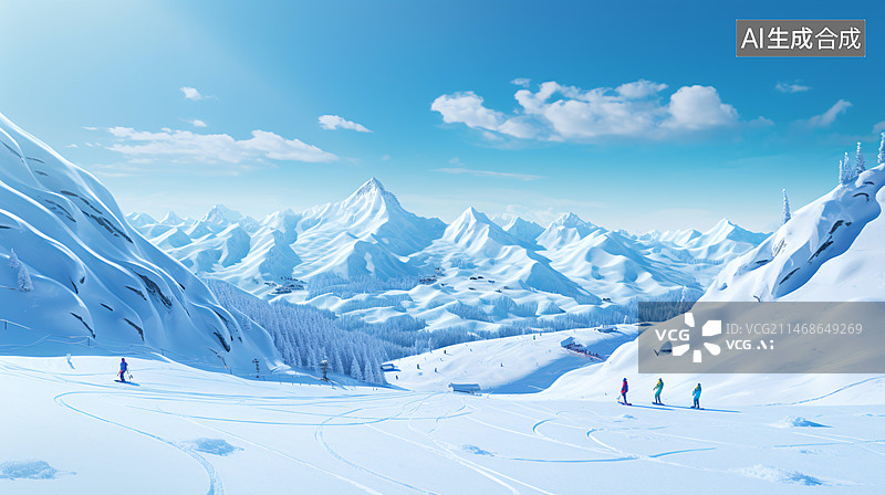 【AI数字艺术】滑雪爱好者在宽阔的室外滑雪场滑雪插画背景图片素材