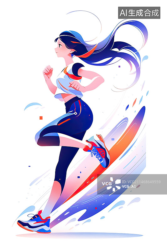 【AI数字艺术】穿着运动服的时尚女孩在跑步，运动健身锻炼场景概念插图图片素材