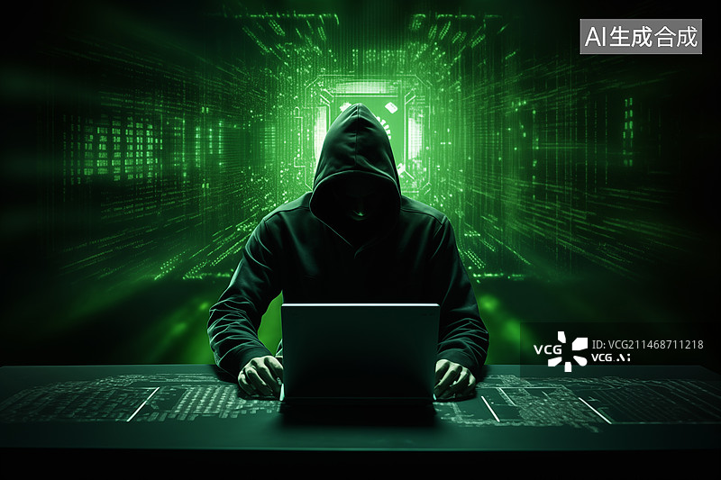 【AI数字艺术】一个电脑黑客在昏暗的房子里发起网络攻击图片素材