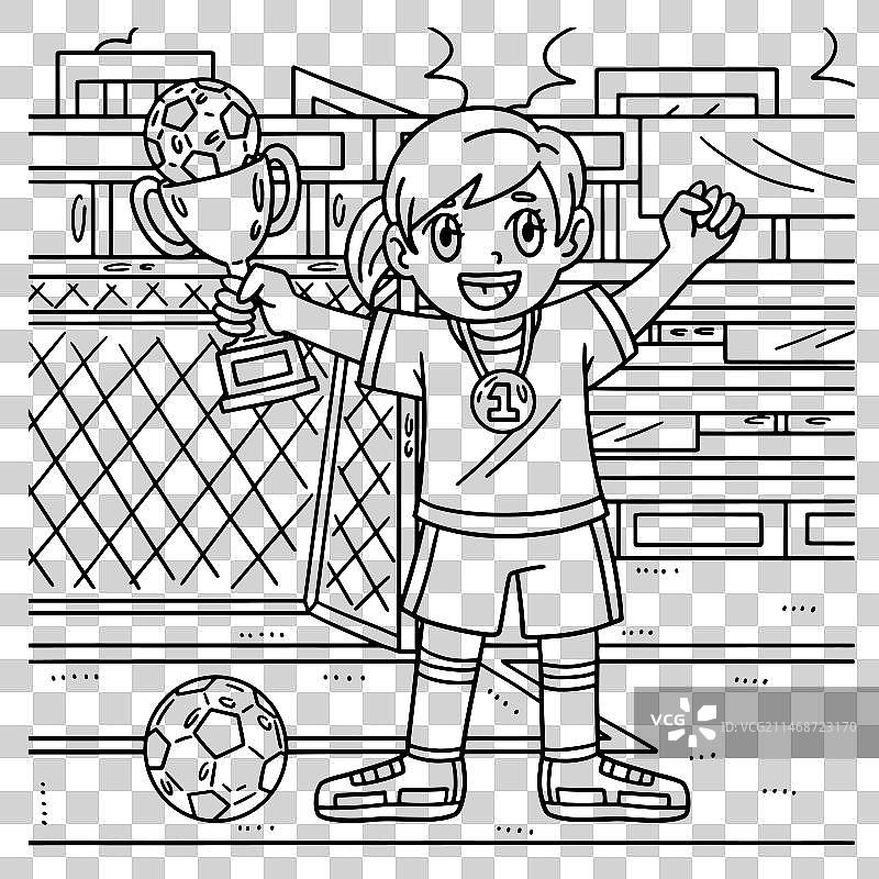 拿着足球奖杯和奖牌的女孩涂色页图片素材