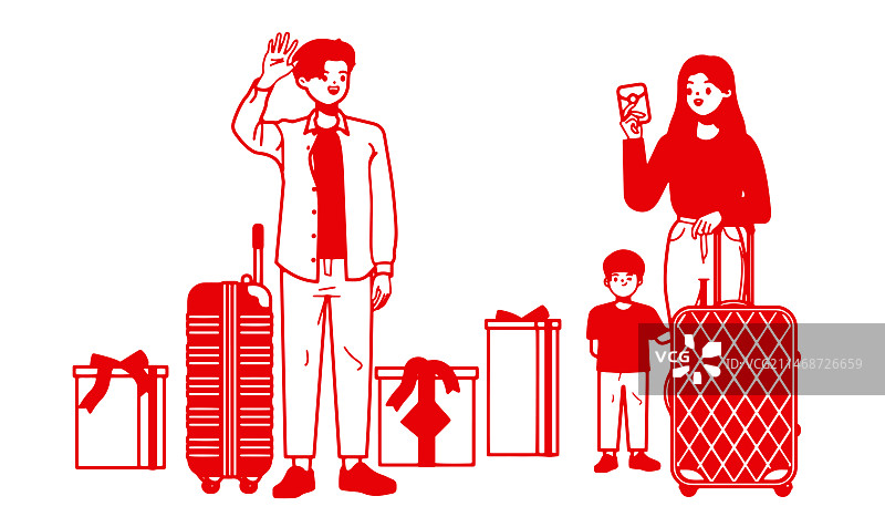 剪纸风格新年拿着行李的一家人插画图片素材
