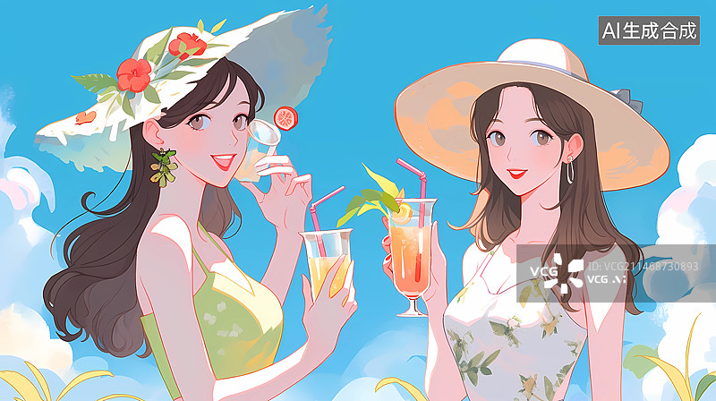 【AI数字艺术】2个美女闺蜜在海边喝饮料图片素材