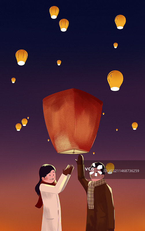 新年新春春节过年过节节日热闹户外放花灯元宵节情侣温馨浪漫许愿祈福人物插画图片素材