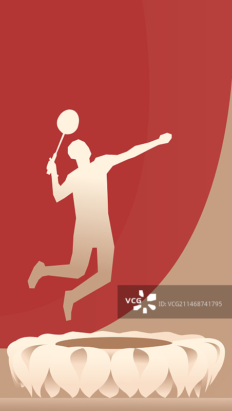 红金杭州羽毛球比赛矢量插画，在杭州奥体中心体育馆举行的羽毛球比赛图片素材