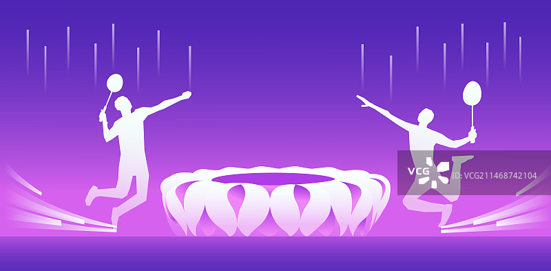 杭州羽毛球比赛矢量插画海报设计模版，在杭州奥体中心体育馆举行的羽毛球比赛图片素材