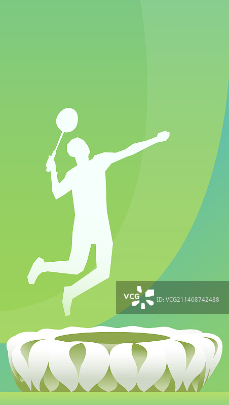 绿色杭州羽毛球比赛矢量插画，在杭州奥体中心体育馆举行的羽毛球比赛图片素材