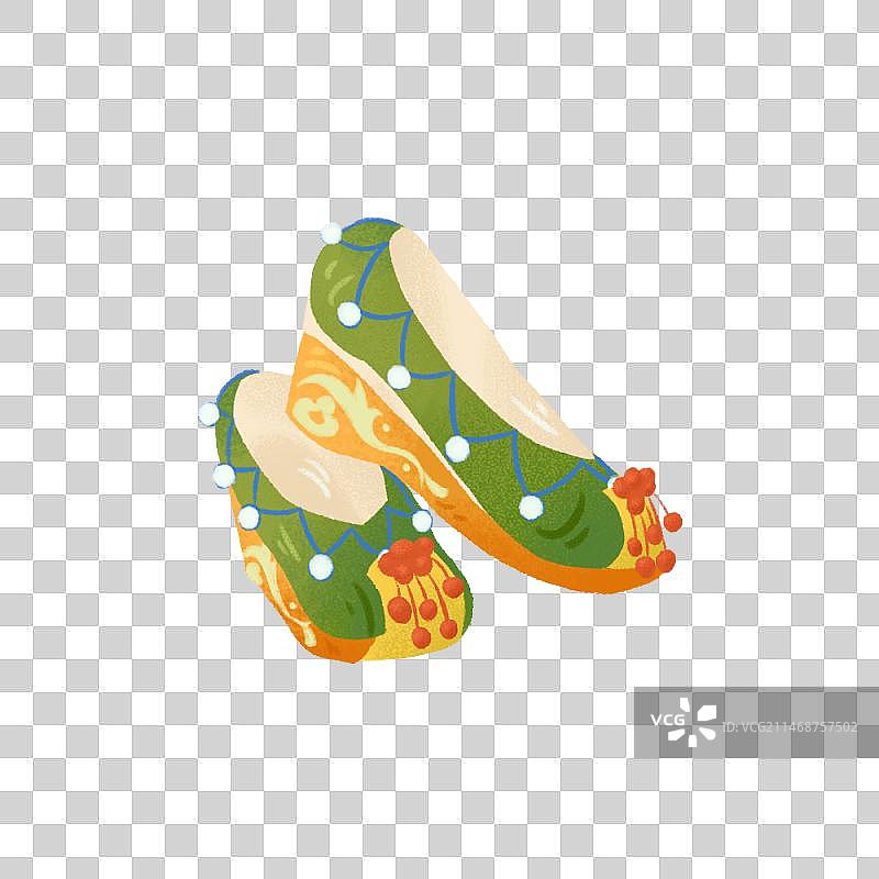 原创手绘风绘本插画静物古风绿色垂珠绣花鞋元素图片素材