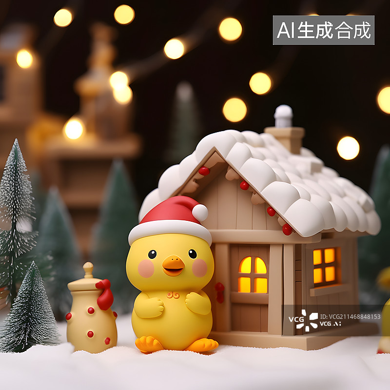 【AI数字艺术】戴着红色圣诞帽的小黄鸭图片素材
